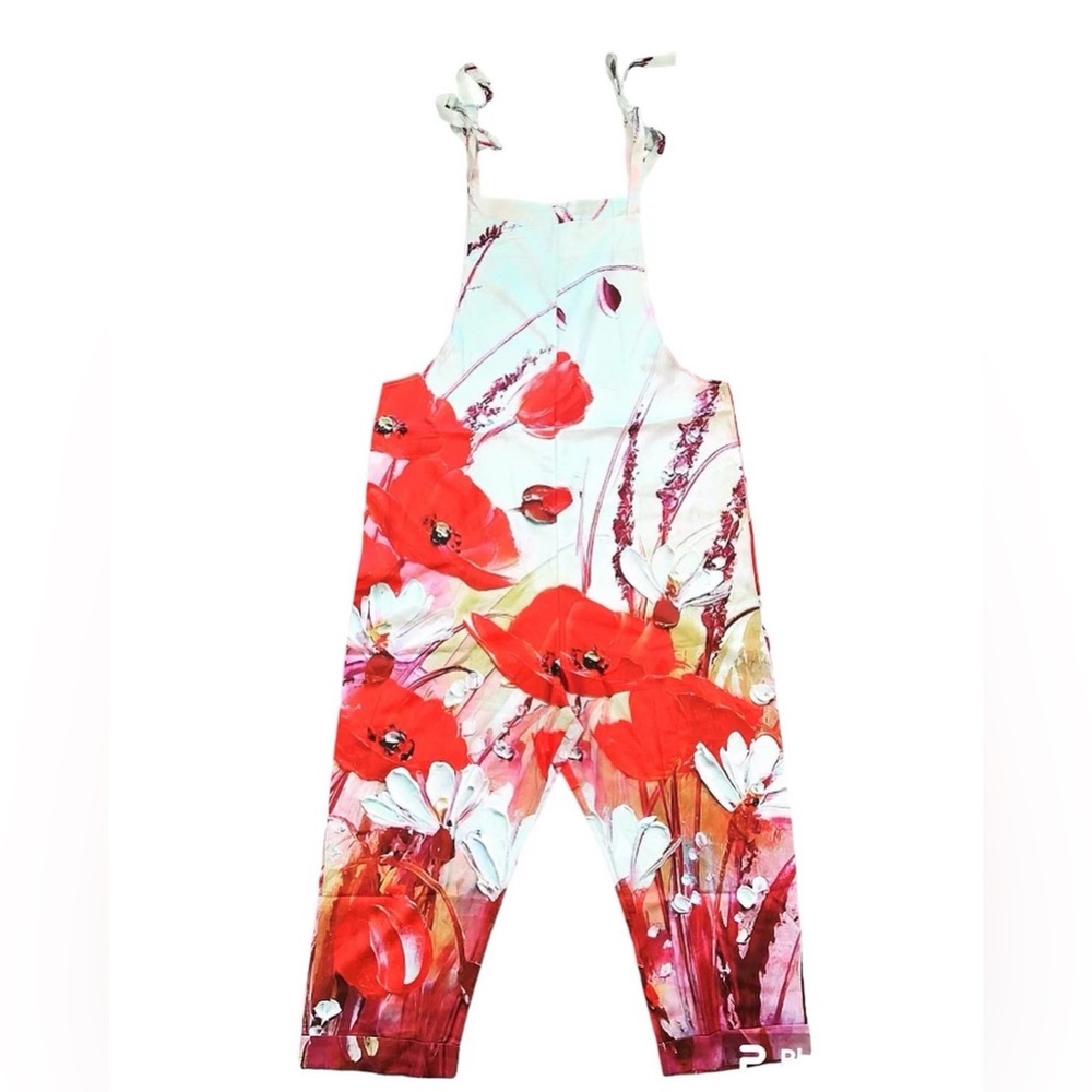 Linen Big Floral Print Strap Tie Romper Jumpsuit Overall lightly cuffed Pantsuit